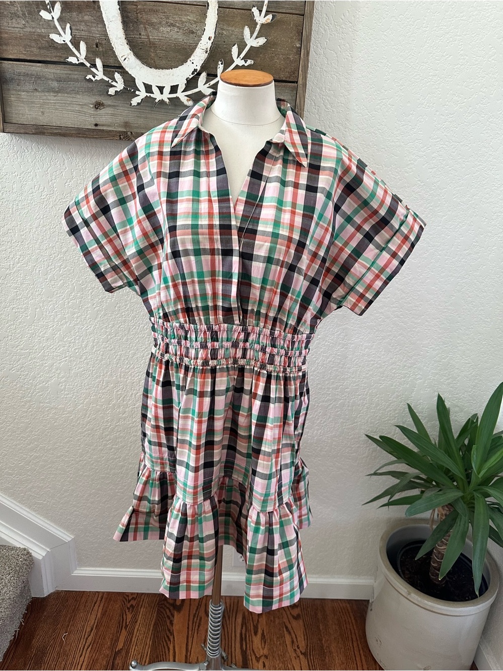 Anthropologie Plaid Short Sleeve Shirtdress ladies size L NWT